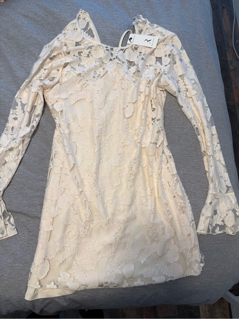 Rare London lace Long-Sleeve Mini Dress in Cream